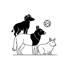 Stacked monochrome animals donkey dog and bunny under a geometric ball on a straight line