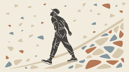 Obraz premium Illustration of a man walking uphill with a cap and casual clothes on a patterned background in neutral tones