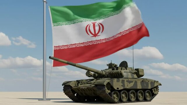 Iranian flag and military tank on desert landscape
