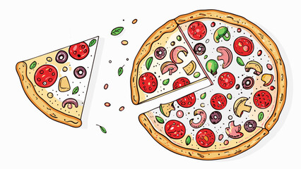 A delicious pizza with pepperoni, mushrooms, olives, and basil, with a slice removed and set aside