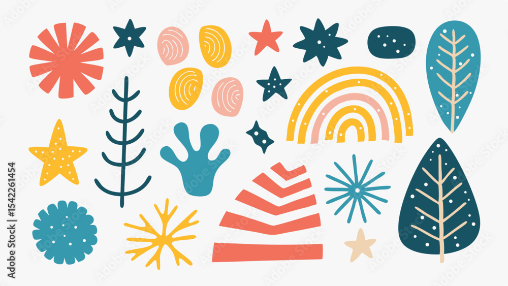 Aufkleber assorted whimsical shapes and elements in a colorful and playful composition on a white background