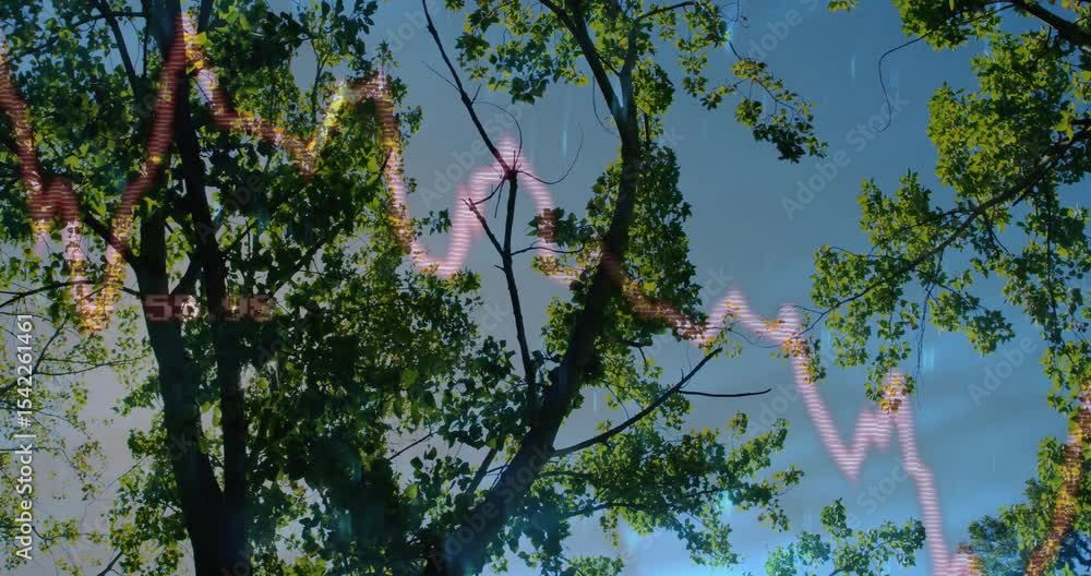 Poster neon waveform fading in across fixed deciduous tree under blue sky, visualizing environmental data