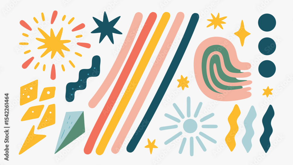 Poster composition of abstract shapes including stars lines and circles in a playful arrangement style