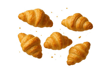 Group of golden brown croissants isolated on transparent background, bakery items