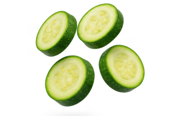 Sliced green cucumbers isolated on transparent background, healthy fresh food