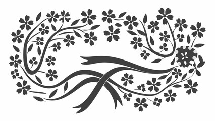 Floral arrangement with blossoming branches and intertwined ribbons in monochrome design style