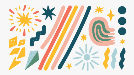 Composition of abstract shapes including stars lines and circles in a playful arrangement style