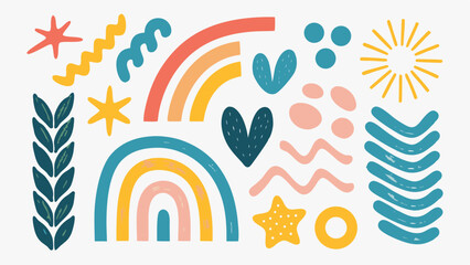 Colorful abstract shapes including rainbows stars hearts and wavy lines on a white background art piece