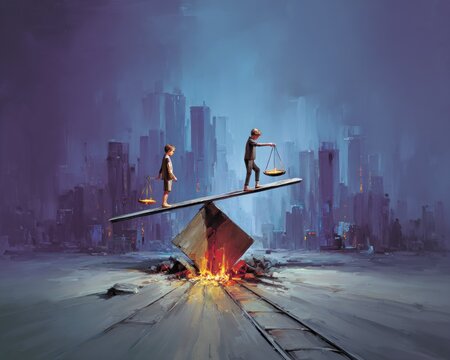 Two children on a seesaw, balancing on a city background with a fire base