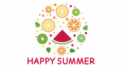 Circular arrangement of various fruit slices and leaves with happy summer text below it
