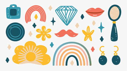 Aesthetic illustration featuring a camera, rainbow, diamond, lips, mirror and floral elements