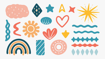 Collection of hand drawn abstract organic shapes and geometric elements in various colors on white backdrop