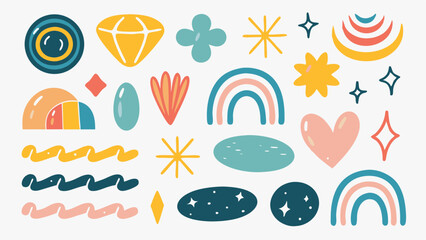 Collection of colorful vector elements including rainbow diamond and stars on white background
