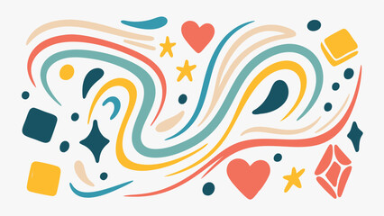 Colorful abstract illustration with wavy lines shapes hearts and stars on a white background design art