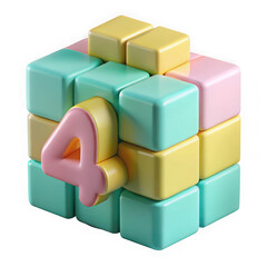 Fototapeta premium 3d pastel cube number four isolated on transparent background