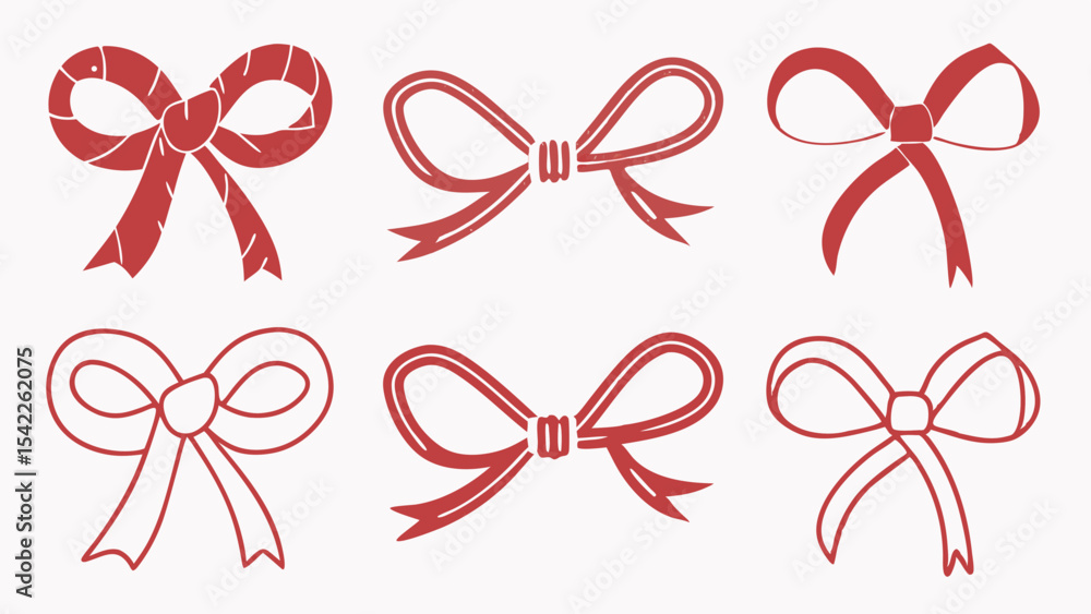 Poster collection of six red decorative bows with varying designs on a white background arranged in two row