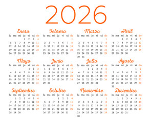 Spanish calendar template for the year 2026. Week starts on Monday.