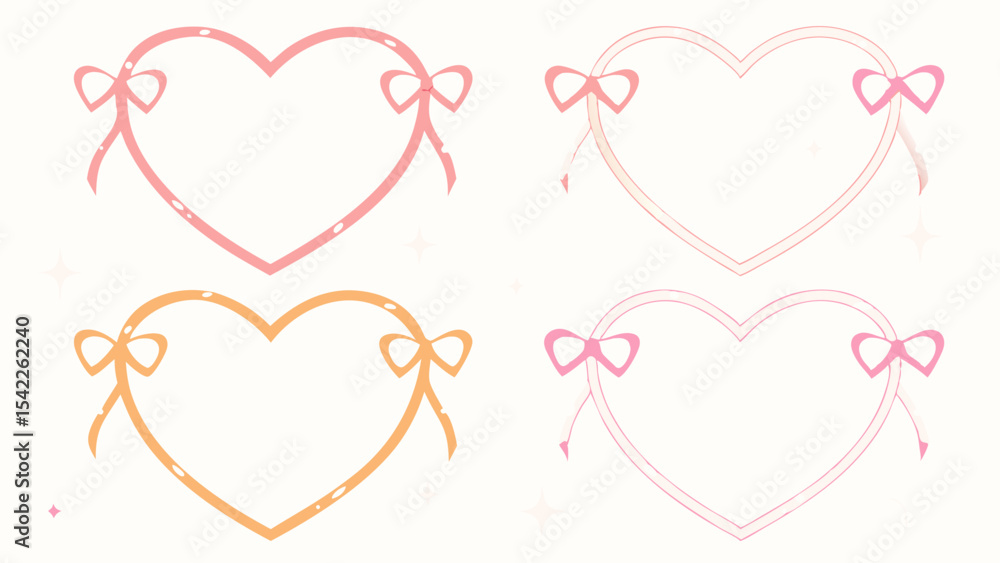 Poster four heart shaped frames with bows in pink and orange colors arranged in a square pattern design