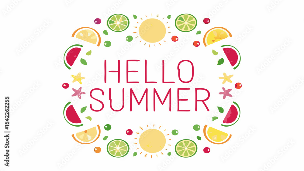 Poster hello summer text with fruit slices and suns creating a colorful border on a white background design