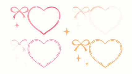 Watercolor heart frames with bows and stars in pink and gold on a white background art design