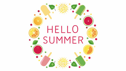 Hello summer text with ice cream, citrus slices, leaves, and suns arranged in a circular frame design