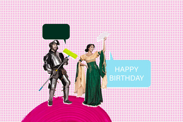 3d full poster artwork collage of happy duke duchess girl guy hold broom fan happy birthday...