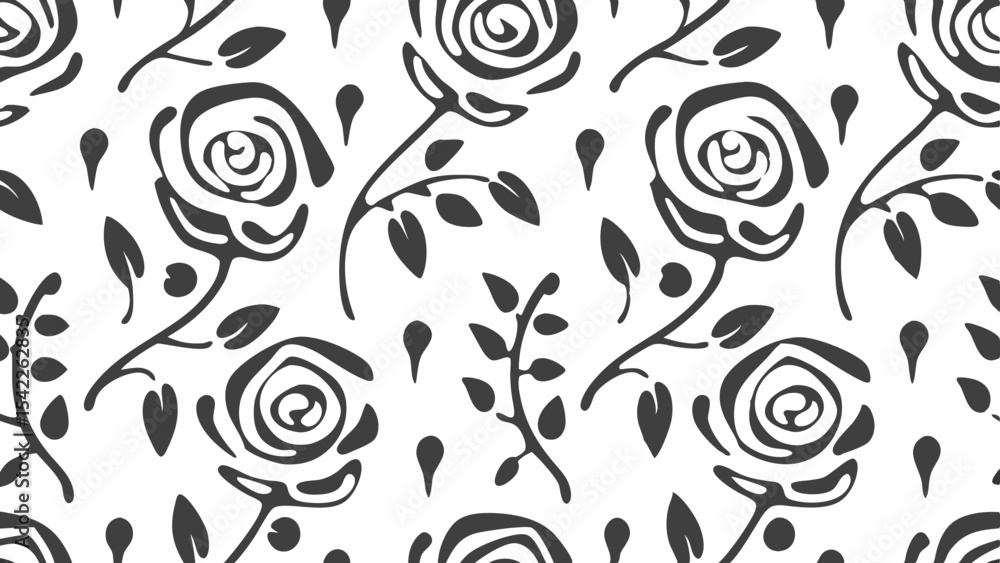 Poster seamless pattern featuring stylized roses with stems leaves and scattered teardrop shapes in a monoc