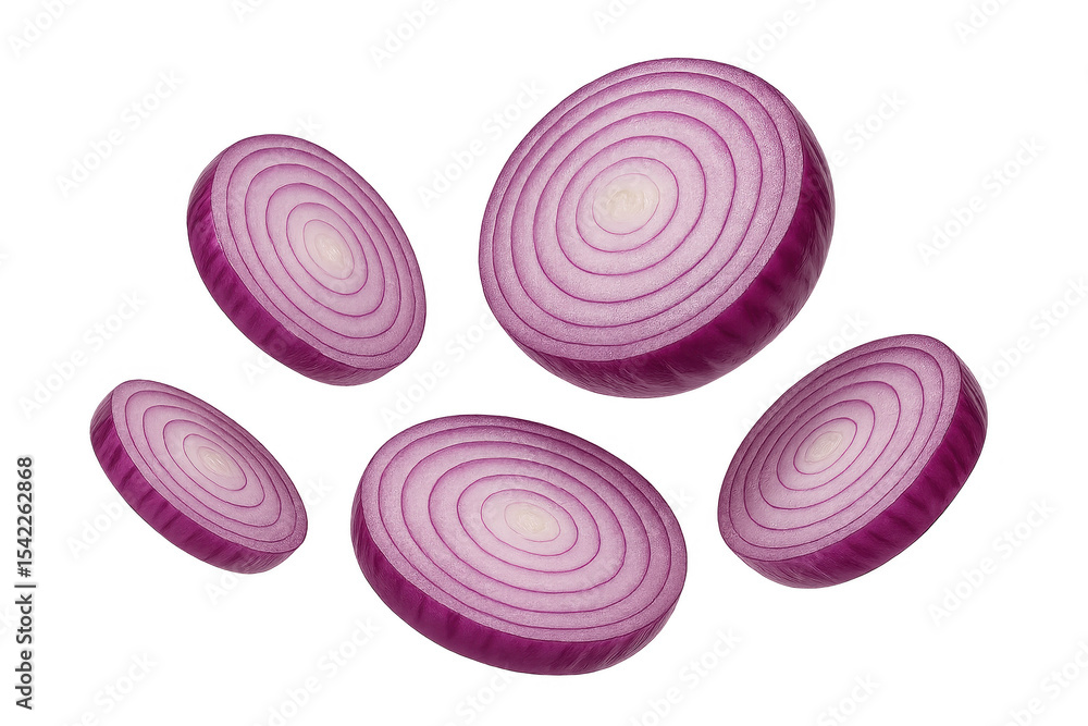 Poster sliced red onions floating on transparent background, cut-out close-up view