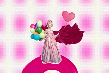 Banner 3d art pop image collage of happy duchess girl hold air balloon helium ball birthday...