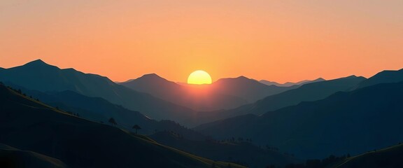 Obraz premium Low-poly summer landscape, sun rising over polygonal mountains and hills, polygonal art, mountains