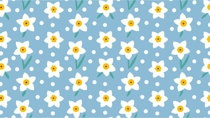 Seamless pattern of white daffodils with yellow centers and green stems on a light blue background with dots