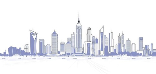 Obraz premium Futuristic city skyline outline, black lines on white, vector illustration, skyline, graphic design
