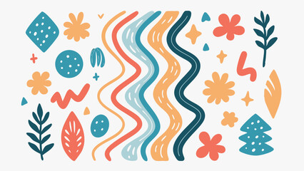 Obraz premium Colorful abstract doodle pattern with wavy lines flowers and geometric shapes on a white background