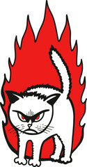 Angry cat with red glowing eyes and a flaming background. Humorous cartoon illustration for pet themes and emotional concepts.