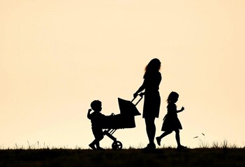 Minimalist silhouette of family strolling with pram, enjoying outdoor time,  lifestyle,   unity