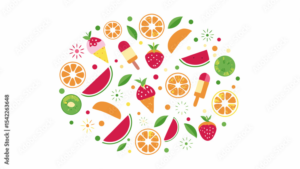 Poster assorted summer fruits and frozen treats arranged in a circular pattern on a white background design