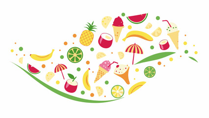 Illustration showing summer fruits ice cream and beach umbrellas in a decorative leaf shaped arrangement