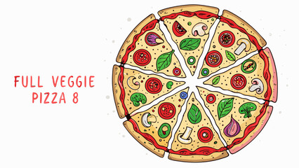 Illustration of a sliced veggie pizza with eight slices showing various toppings on a white background