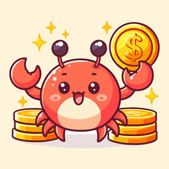 Happy cartoon crab proudly holding a gold coin, surrounded by a stack of gold coins.