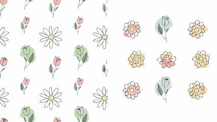 Delicate floral pattern with daisies and roses in pastel colors, featuring a hand drawn watercolor style
