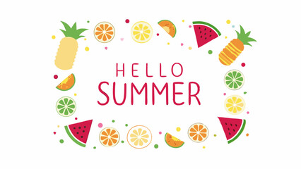 Hello summer text surrounded by a frame of colorful fruits like pineapple, watermelon, orange and lemon slices