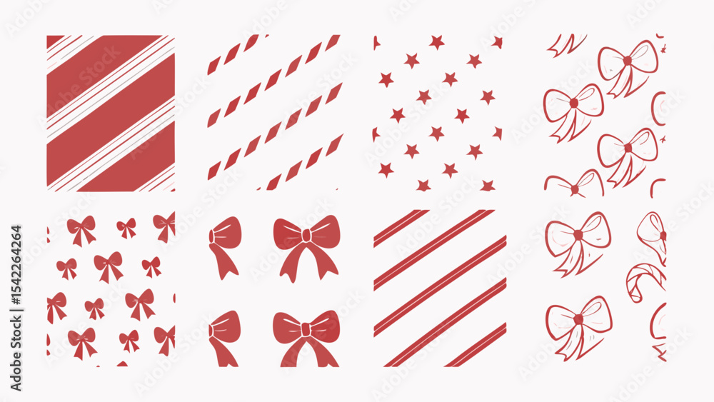 Poster assorted christmas themed patterns with stripes, stars and bows in red and white color scheme