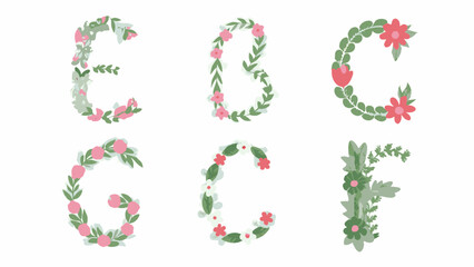 Floral alphabet letters e b c g c f decorated with flowers and leaves in pastel colors on white background