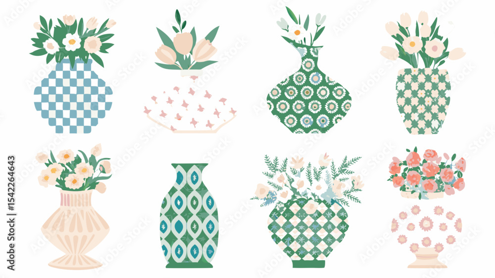 Poster assortment of vases with floral arrangements in various colors and patterns displayed on a white bac