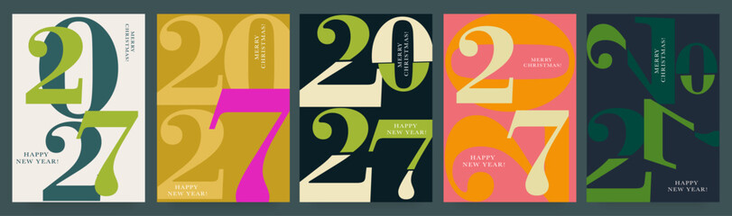 Happy New Year 2027 greeting with colorful numbers. Christmas and New Year background in green, black, pink, and orange. Vector template for web, banners, posters, and social media.