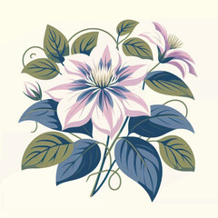 Stylized floral arrangement featuring white and lavender blossoms amidst bluegreen leaves set on a plain background