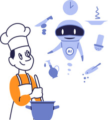 Chef Cooking with AI Assistance. Cartoon Vector Illustration of Artificial Intelligence Helping with Recipes and Ingredients in the Kitchen