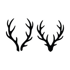 Massive Deer Antlers Silhouette, Two large deer antlers in bold outline vector illustration with detailed horn structure in black silhouette