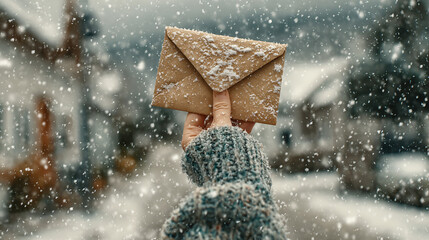 Hand holding snow-covered envelope outdoors in winter scene
