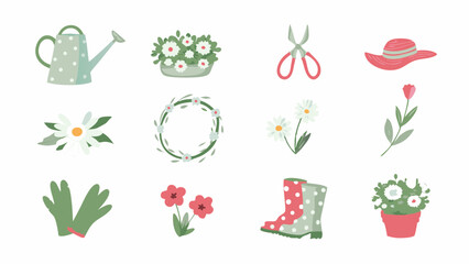 Collection of gardening tools and floral elements including watering can and flower pot design elements